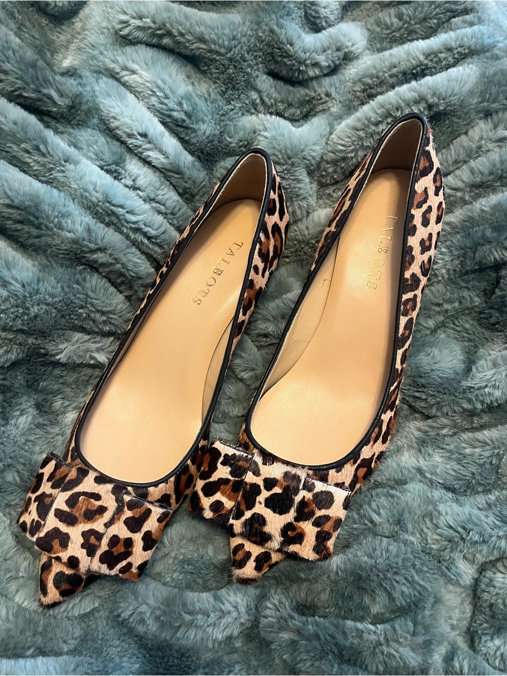 Talbots Leopard Print Pointed Toe Flats with Bow Accent - Brown & Black